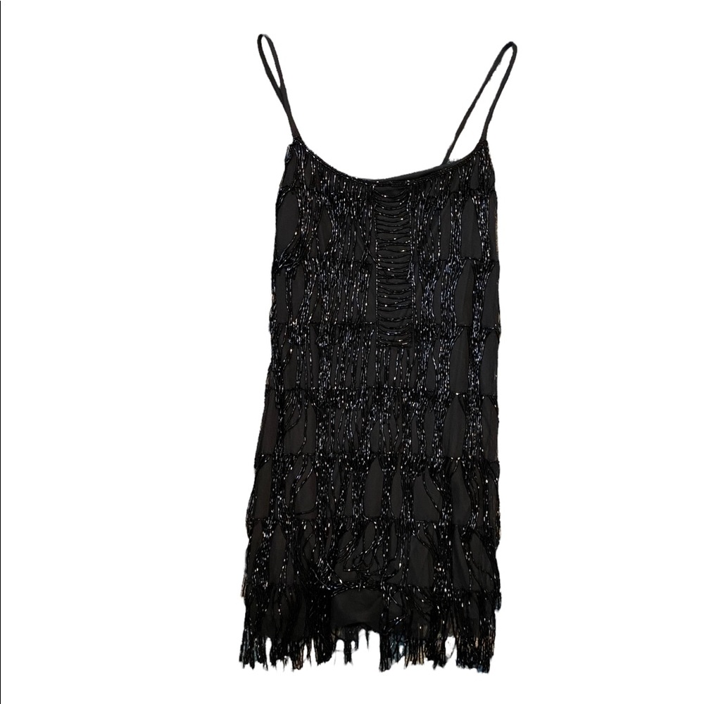 Adrianna Papell black beaded flapper dress.